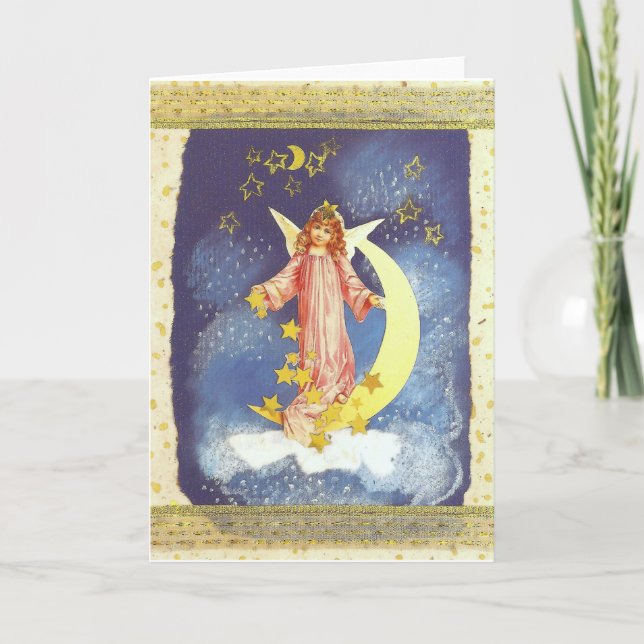 Cartão De Festividades anjo com meia-lua em azul (Frente)