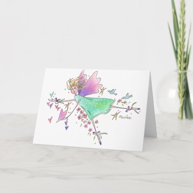 Cartão De Festividades Anjo Dançante Gracioso com Vestido Verde (Frente)