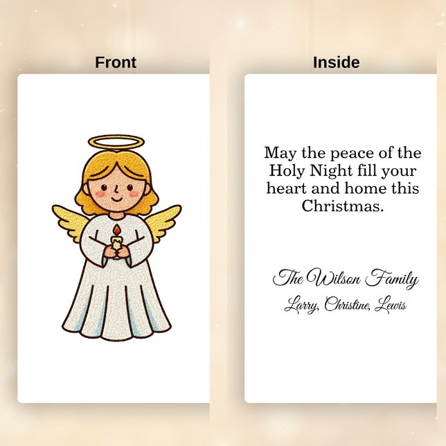 Cartão De Festividades Anjo de Falsa Agulha de Gancho com Vela Natal (Faux Latch Hook Angel Christmas card Front and Inside)