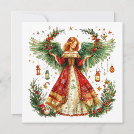 Cartão De Festividades Anjo de Natal com bagas de inverno & lanternas