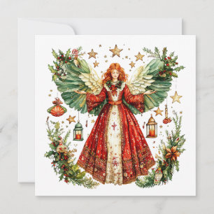 Cartão De Festividades Anjo de Natal e lanternas acesas com velas