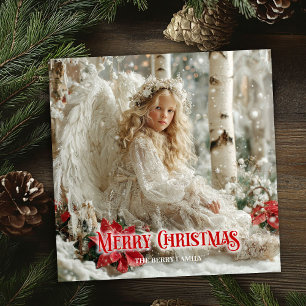 Cartão De Festividades Anjo de Natal rústico poinsettias vermelhas aquare