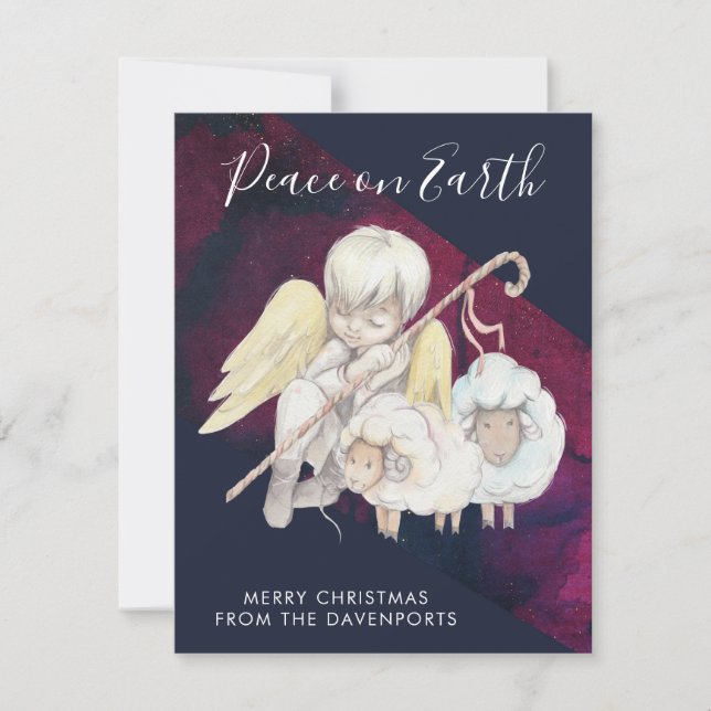 Cartão De Festividades Anjo de Natal Shepherd com Lambs Peace na Terra (Frente)