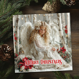 Cartão De Festividades Anjo de Natal vintage poinsettias vermelhas festiv