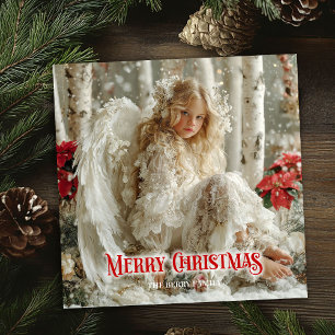 Cartão De Festividades Anjo de Natal vitoriano vermelho branco dourado in