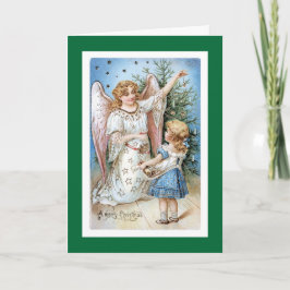 Cartão De Festividades Anjo do Natal com a árvore do aparamento da menina