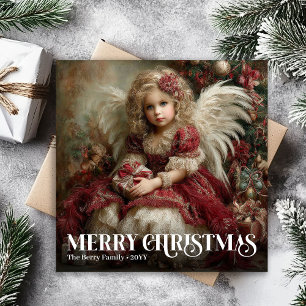 Cartão De Festividades Anjo Dourado Vermelho de Natal Festivo Vintage Sau