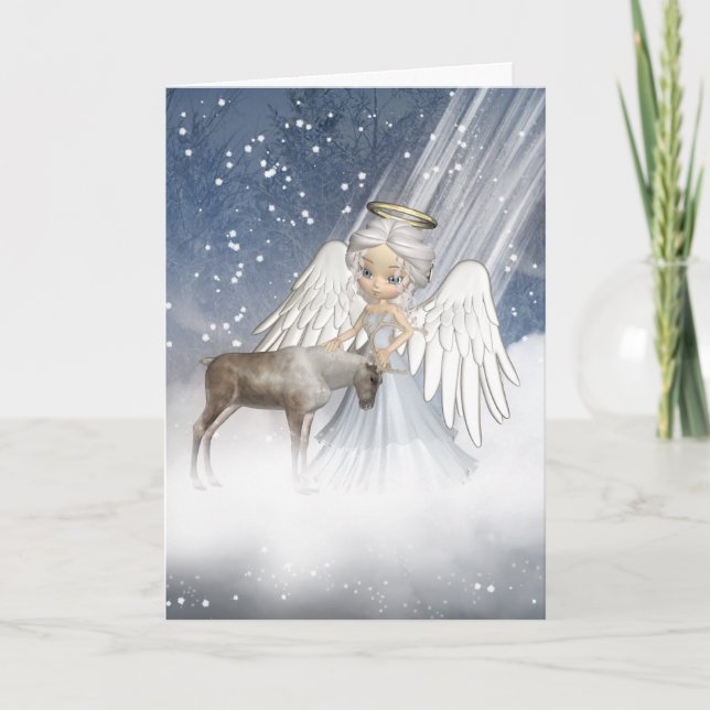 Cartão De Festividades Anjo Neve Soprando Neve Sobre O Mundo, Com Reind (Frente)