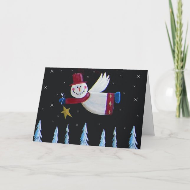 Cartão De Festividades Anjo Snowman Primitivo de Natal (Frente)