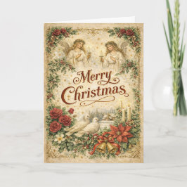 Cartão De Festividades Anjo Vintage e Pombo Feliz Natal