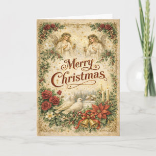 Cartão De Festividades Anjo Vintage e Pombo Feliz Natal