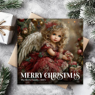 Cartão De Festividades Anjo Vintage Elegante Saudação de Natal Vermelho I