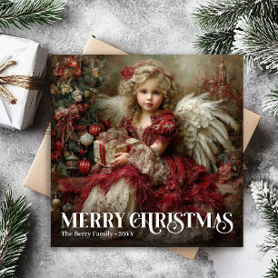 Cartão De Festividades Anjo Vintage Vitoriano Natal Vermelho Verde 