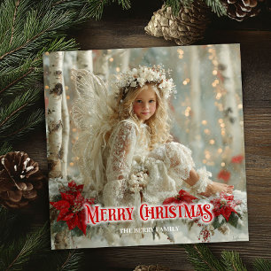 Cartão De Festividades Anjo vintage vitoriano poinsettias vermelhas festi