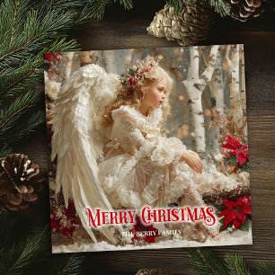 Cartão De Festividades Anjo vintage vitoriano poinsettias vermelhas natal