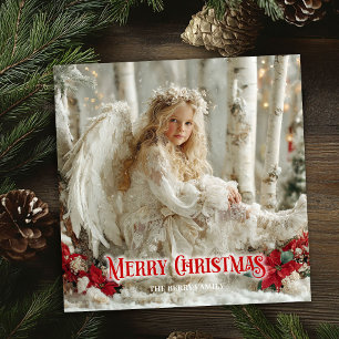 Cartão De Festividades Anjo vintage vitoriano poinsettias vermelhas natal