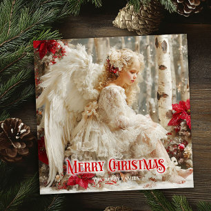 Cartão De Festividades Anjo vitoriano vintage poinsettias vermelhas festi