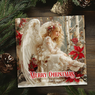Cartão De Festividades Anjo vitoriano vintage vermelho branco dourado saz