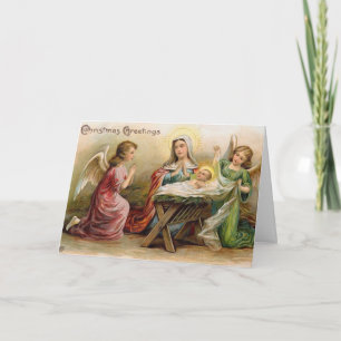 Cartão De Festividades Anjos com Jesus bebê na Imagem da Vintage Manger