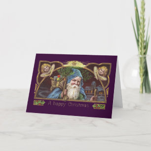 Cartão De Festividades Anjos de Papai Noel Vitorianos Azul Natal Arte Ant