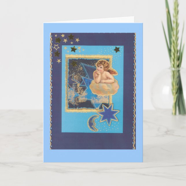 Cartão De Festividades “anjos em nuvem em azul " (Frente)