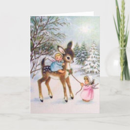 Cartão De Festividades Anjos Fofos Vintage Com Bebê Veado De Natal