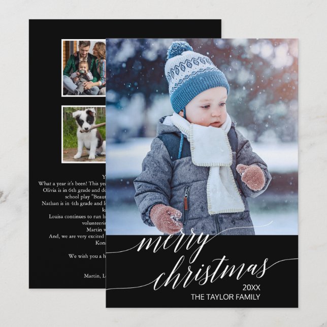 Cartão De Festividades Ano De Caligrafia Escura Elegante Na Foto De Revis (Frente/Verso)