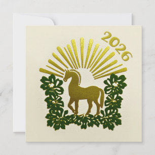 Cartão De Festividades Ano do Cavalo em Ouro 2026 Design