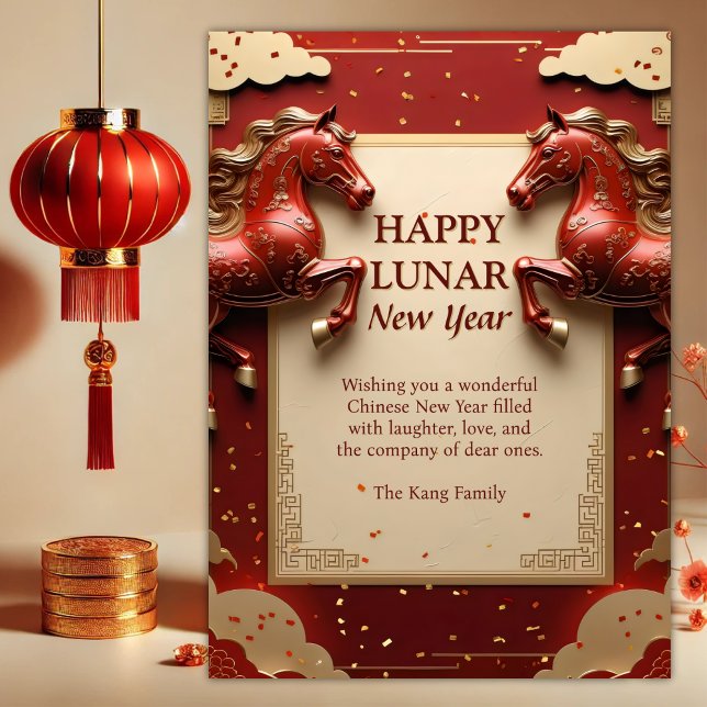 Cartão De Festividades Ano do Cavalo Vermelho e Dourado 2026 Ano Novo Chi (Year of the Horse 2026 Chinese New Year Card – Red & Gold “Happy Lunar New Year” with Two Horses)