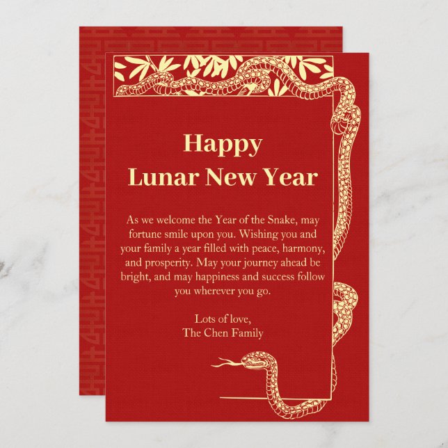 Cartão De Festividades Ano Do Cobra Vermelho Chinês Novo Ano 2025 Foto (Frente/Verso)