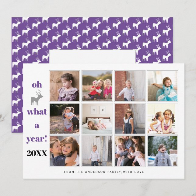 Cartão De Festividades Ano em revisão Oh veado que ano foto roxa (Frente/Verso)
