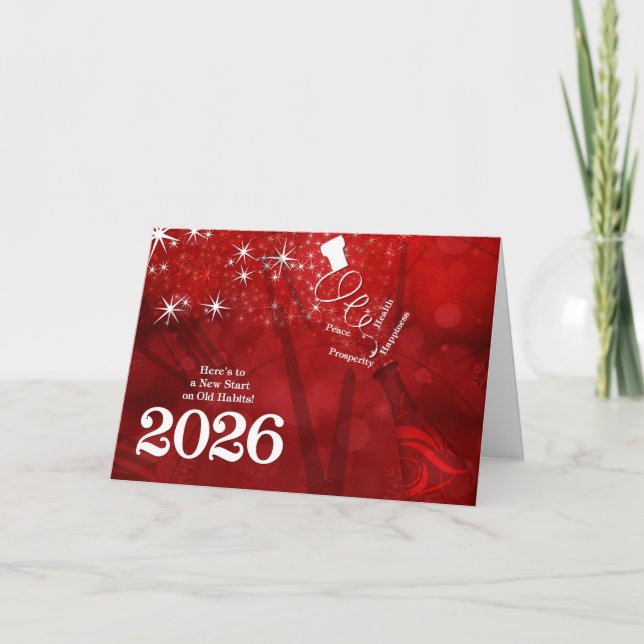 Cartão De Festividades Ano Novo 2026 no Champanhe Vermelho e Branco (Frente)