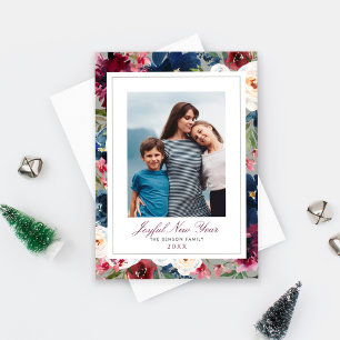 Cartão De Festividades Ano Novo Alegre Burgundy Navy Floral Foto
