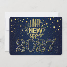 Cartão De Festividades Ano Novo Azul Marinho 2027 com Estrelas Douradas