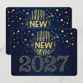 Cartão De Festividades Ano Novo Azul Marinho 2027 com Estrelas Douradas