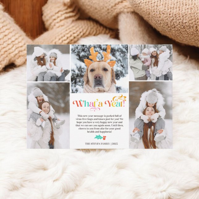 Cartão De Festividades Ano Novo Brilhante na revisão 5 grade de colagem d (Bright New Year in review 5 photo collage grid Holiday Card)