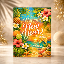 Cartão De Festividades Ano Novo Champanhe Pôr do Sol Tropical
