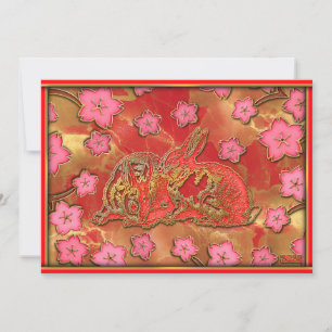 Cartão De Festividades Ano Novo Chinês Coelho Vermelho Dourado Flor de Ce