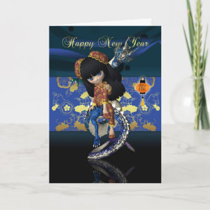 Cartão De Festividades ano novo chinês com a boneca bonito da porcelana