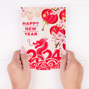 Cartão De Festividades Ano Novo Chinês Dragão 2024 Ano Novo Lunar Rosa