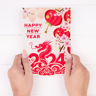 Cartão De Festividades Ano Novo Chinês Dragão 2024 Ano Novo Lunar Rosa