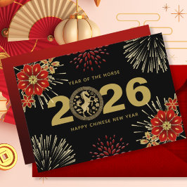 Cartão De Festividades Ano Novo Chinês Ouro Preto do Ano do Cavalo