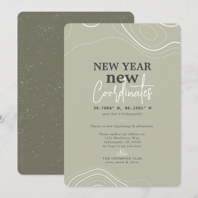 Cartão De Festividades Ano Novo coordena o lançamento verde (Frente/Verso)