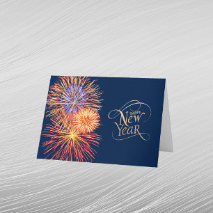 Cartão De Festividades Ano Novo do Gráfico Azul Dourado Fireworks