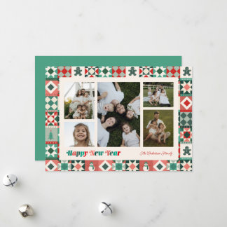 Cartão De Festividades Ano Novo em Patchwork Vermelho e Verde Foto