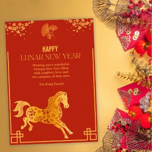 Cartão De Festividades Ano Novo Lunar Cavalo em Vermelho e Dourado Chinês
