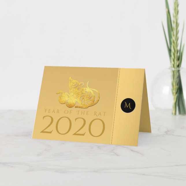 Cartão De Festividades Ano Rato 2020 Monograma Elegante fruta Saudação C (Frente)