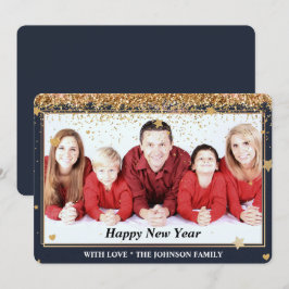 Cartão De Festividades anos novos Foto da família Glitter Frame Dourada