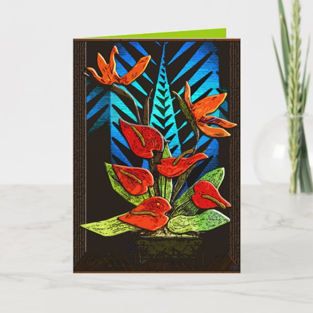 Cartão De Festividades Anthurium Natal - Vermelho vívido e Verde + Azul (Frente)