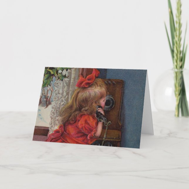 Cartão De Festividades Antiguidade de Telefone da Menina de Natal (Frente)